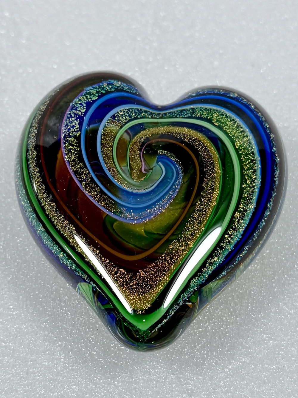 Glass Eye Heart of Fire Golden Rainbow Paperweight